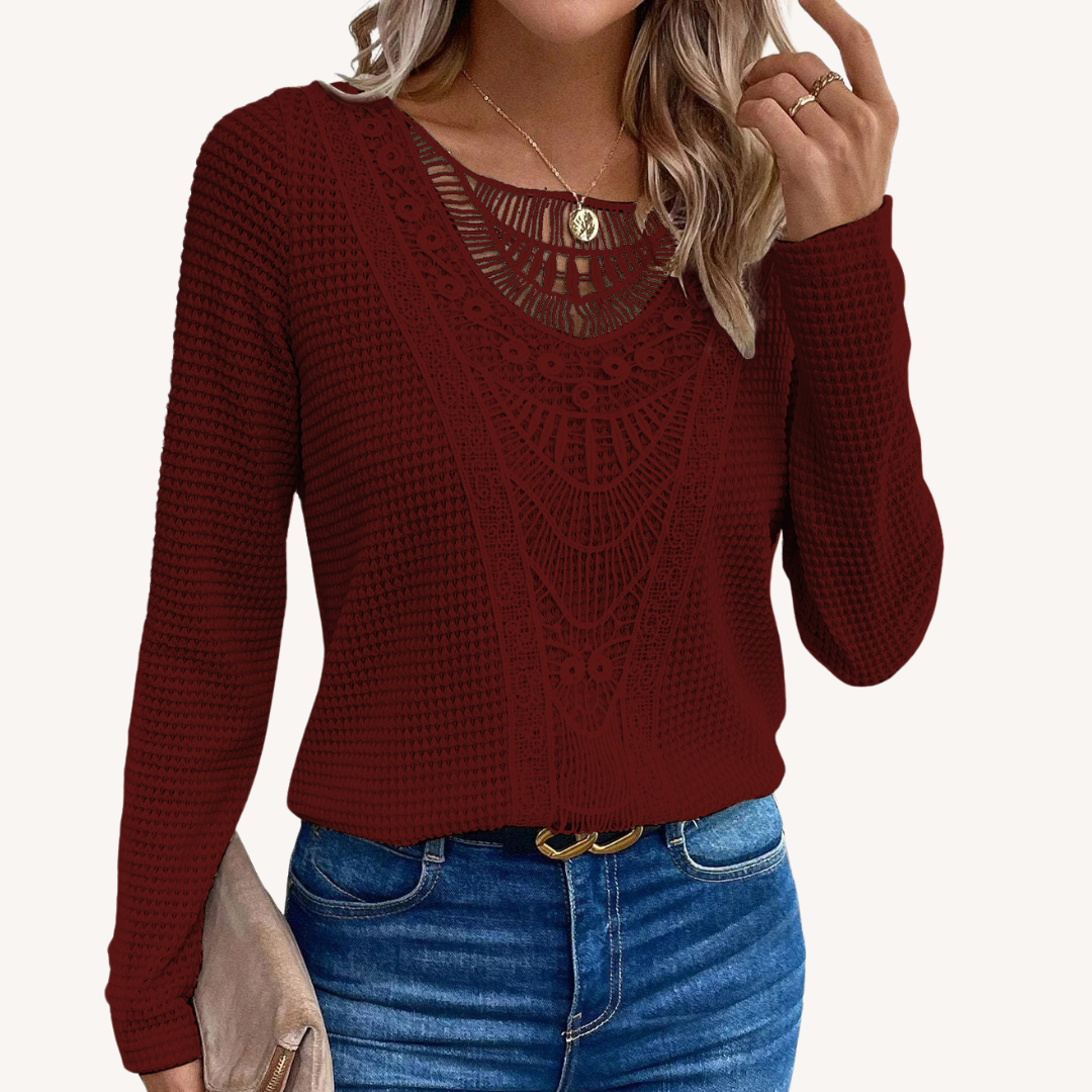 Becky | Lace-Trim Round Neck Long-Sleeve Top